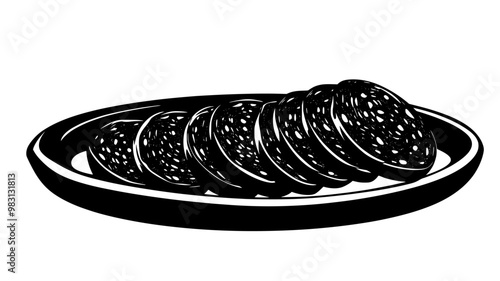 Thin salami slices laid out in a straight line on a serving plate, food illustration vector