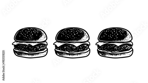 Beef sliders with cheese and pickles on mini buns, side by side, food illustration vector