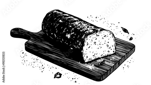 Top view of a goat cheese log on a wooden cutting board with crumbs around, food vector illustration