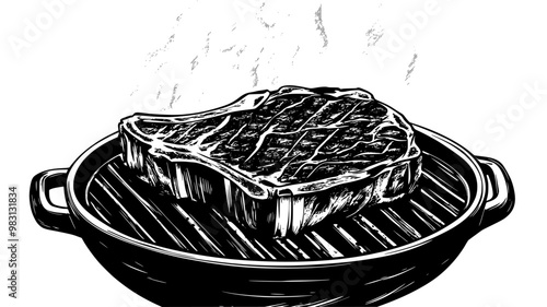 Thick ribeye steak on a grill with visible flames and smoke, food vector illustration