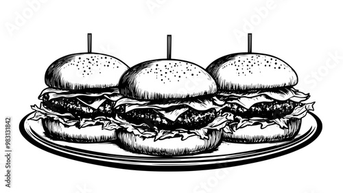 Beef sliders with cheese and pickles on mini buns, side by side, food vector graphic