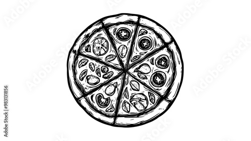 Top-down view of Margherita pizza with toppings arranged in a classic pattern, food vector illustration