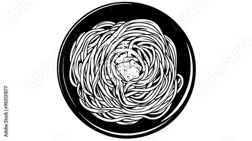 Top-down view of spaghetti carbonara with visible pasta strands, sauce, and grated cheese, food illustration vector