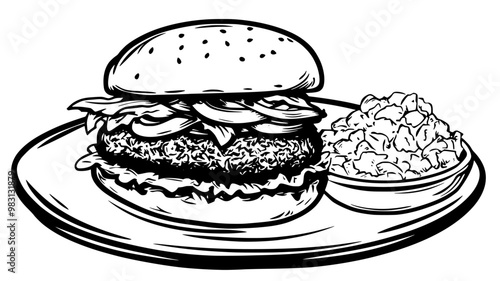 Turkey patty on a bun with lettuce, tomato, and onions with sweet potato fries, food vector graphic