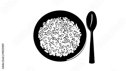 Top-down view of risotto in a plain ceramic bowl with a spoon on the side, food vector graphic