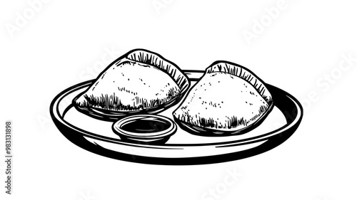 Two beef empanadas on a tray with a bowl of sauce, food illustration vector