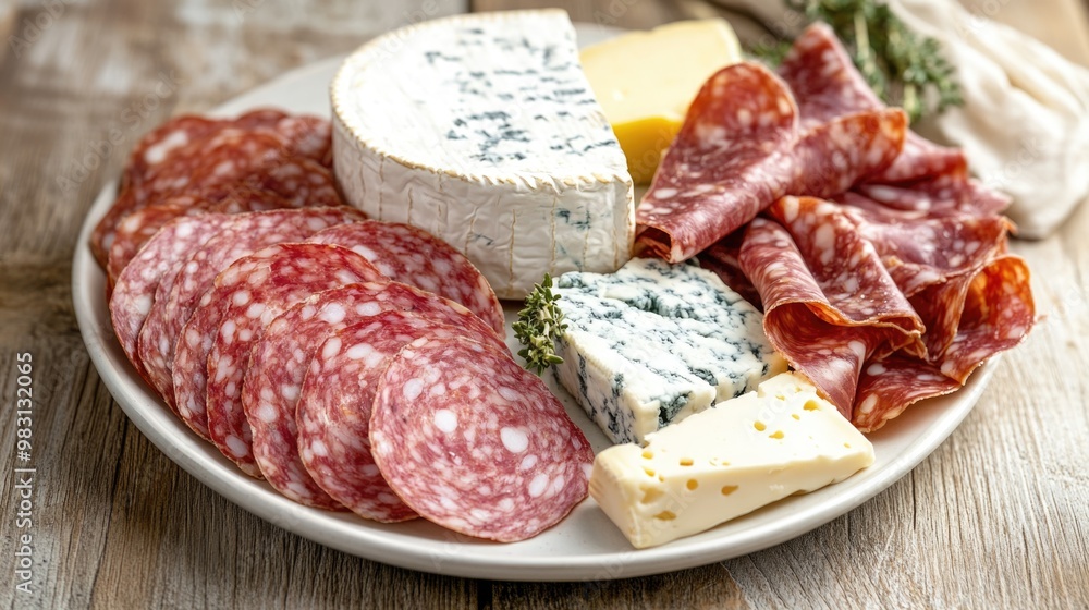 A beautiful platter showcases an array of cured meats and various cheeses, artfully arranged on a rustic wooden surface, inviting everyone to indulge in a savory feast A beautiful platter showcases an array of cured meats and various cheeses, artfully arranged on a rustic wooden surface, inviting everyone to indulge in a savory feast
