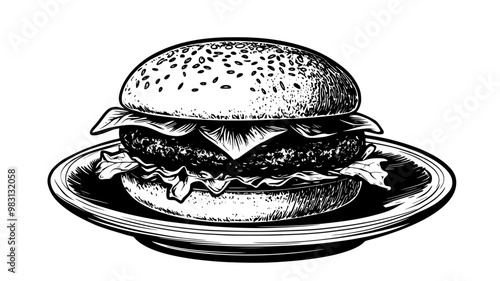 Veggie patty with lettuce, tomato, and pickles on a whole wheat bun on a plate, food vector illustration