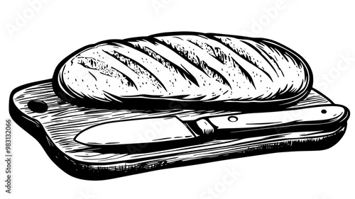Whole baguette on cutting board with knife beside it, food illustration vector