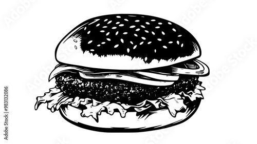 Veggie patty on a sesame seed bun with lettuce, tomato, and onions, food illustration vector