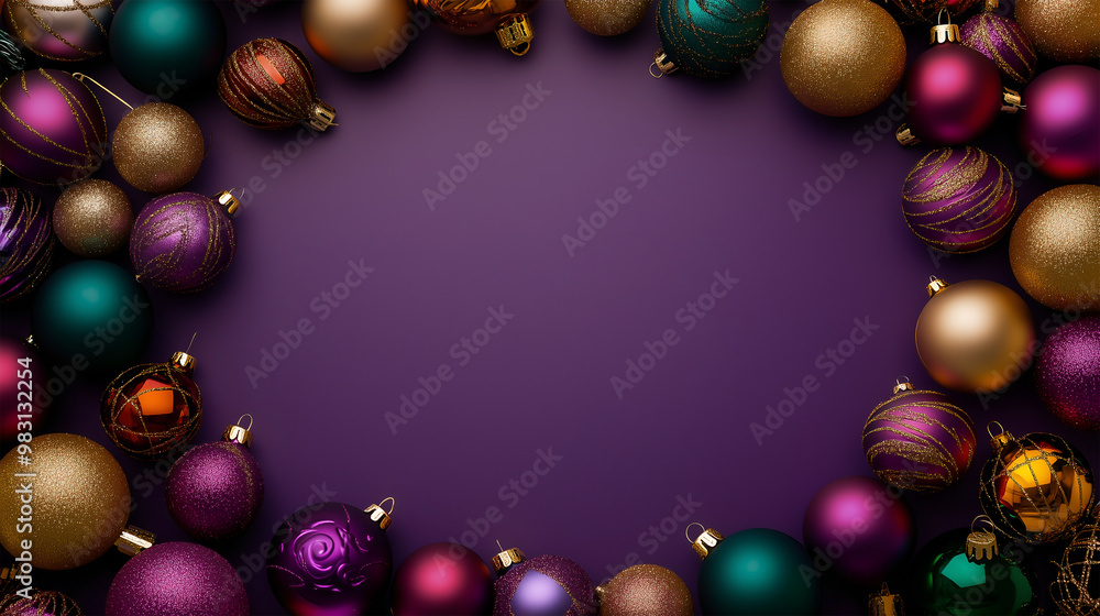 Decorative Christmas ornaments create a festive background with ample copy space for your message Decorative Christmas ornaments create a festive background with ample copy space for your message