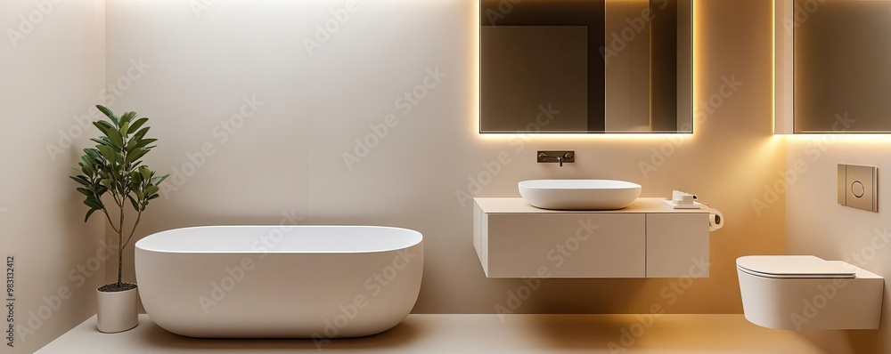 Beige minimalist bathroom with recessed lighting and frameless mirrors, minimalist bathroom, calm modern atmosphere Beige minimalist bathroom with recessed lighting and frameless mirrors, minimalist bathroom, calm modern atmosphere