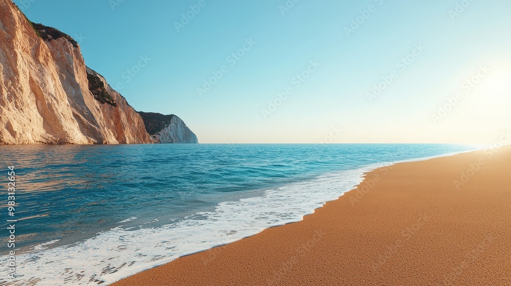 Serene beach scene with golden sand, gentle waves, and cliffs under a clear blue sky. Perfect for relaxation and nature themes. Serene beach scene with golden sand, gentle waves, and cliffs under a clear blue sky. Perfect for relaxation and nature themes.
