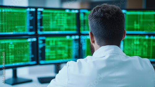 A man in a lab coat analyzes data on multiple computer monitors.