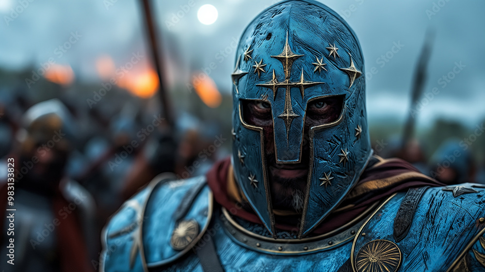 Close-up of a medieval knight in armor with a cross on the helmet Close-up of a medieval knight in armor with a cross on the helmet