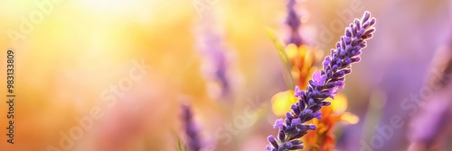  A tight shot of a plant displaying purple blooms in the front, surrounded by a hazy backdrop of overlapping yellow and purple flowers