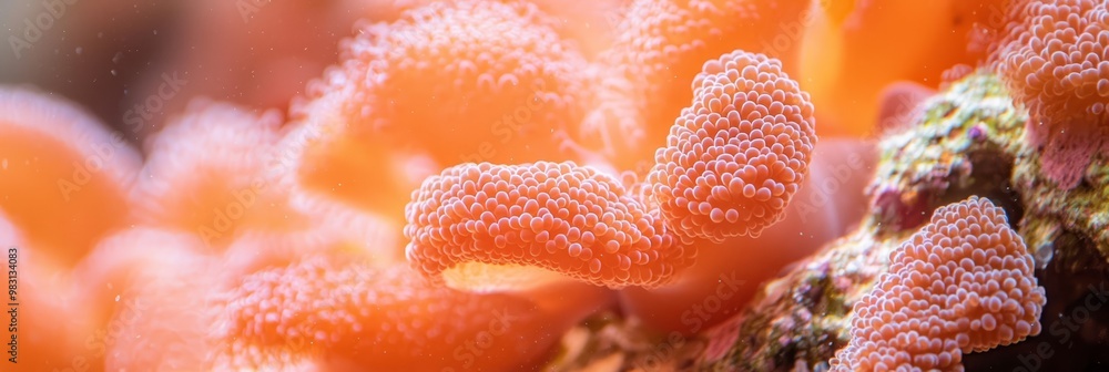 A tight shot of an orange sea anemone, surrounded by others on the ocean floor A tight shot of an orange sea anemone, surrounded by others on the ocean floor