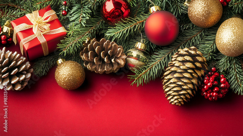 Festive Christmas decorations with ornaments, pinecones, and a gift on a red background