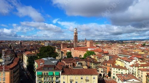 Verona - Italy - side flight aerial view along the old town with view of the Torre dei Lamberti