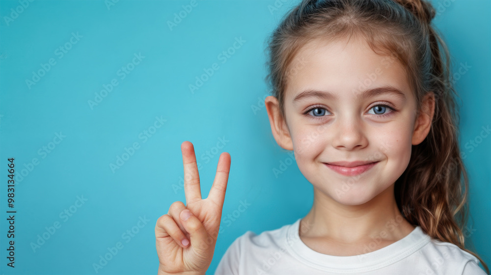 A smiling young pre-teen girl giving the peace sign. Broad smile and a happy, joyful expression. Copy space. A smiling young pre-teen girl giving the peace sign. Broad smile and a happy, joyful expression. Copy space.
