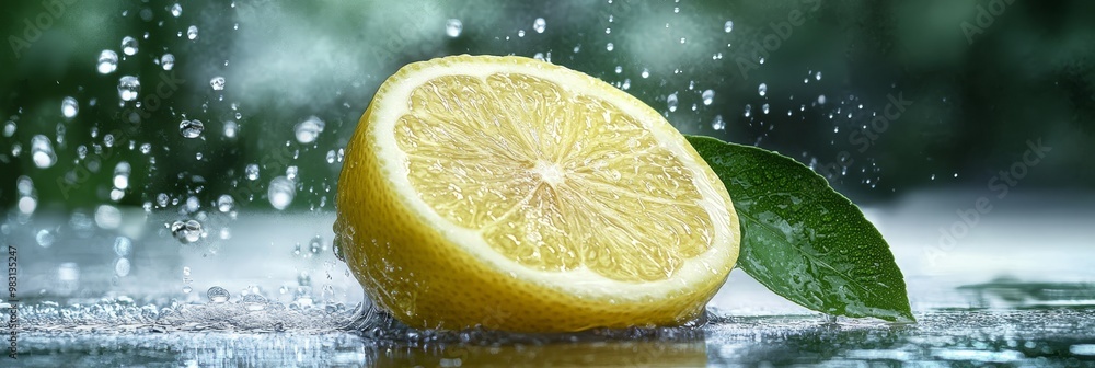 A lemon slice atop a water puddle, green leaf protruding from its peak A lemon slice atop a water puddle, green leaf protruding from its peak