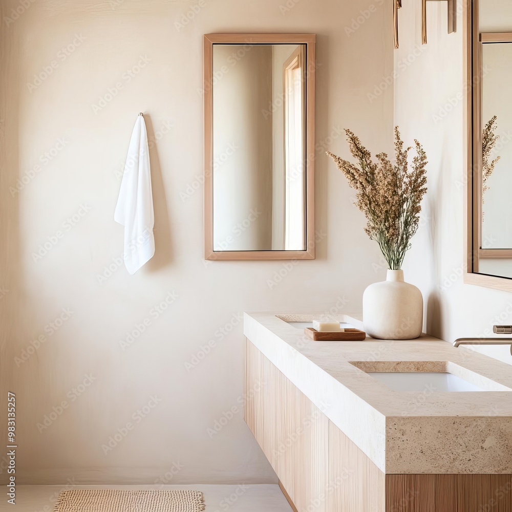 Beige minimalist bathroom with frameless mirrors and natural stone countertops, minimalist bathroom, organic elegance Beige minimalist bathroom with frameless mirrors and natural stone countertops, minimalist bathroom, organic elegance