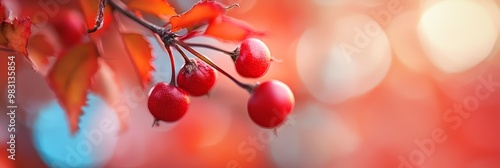  A red-berry branch, its leaves backdropped by a blurred background, is visible photo