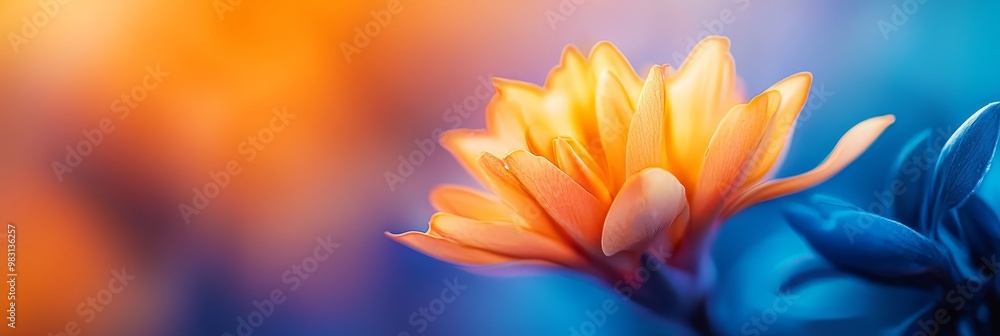 Obraz premium A tight shot of an orange-blue bloom against a softly blurred backdrop of blue, yellow, and orange hues