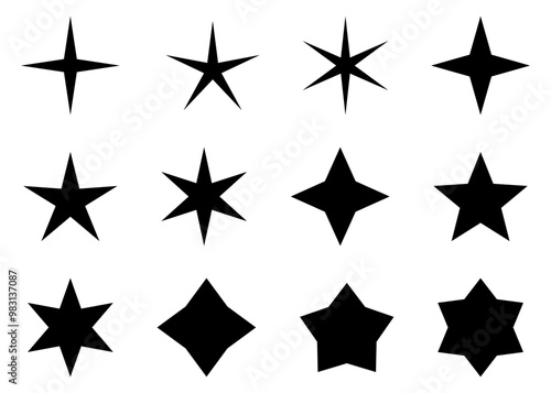 A set of black stars with different shapes and sizes