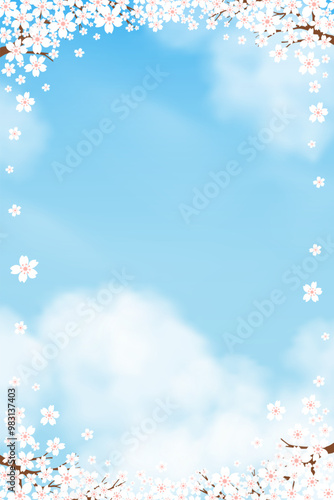 Blue Background,Sky blue,Cloud with Pink Cherry Blossom Branches Tree and Little Birds.Vector illustration Cute Natural spring landscape with Japanese sakura flower with copy space for Easter banner
