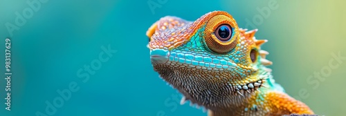  A tight shot of a lizard's head against a softly blurred backdrop of blue, green, and yellow hues photo