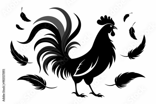 rooster silhouettes in various poses, elegant and stylized, minimalistic black and white vector art, flowing feathers with smooth curves, high contrast design, bold shapes, clean lines, isolated 