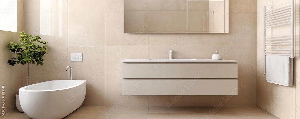 Light beige bathroom with floating vanity and sleek white fixtures, minimalist bathroom, modern and simple design Light beige bathroom with floating vanity and sleek white fixtures, minimalist bathroom, modern and simple design