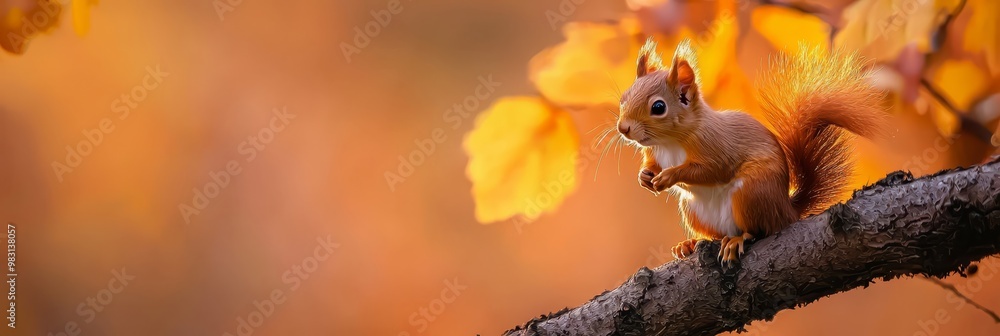 A squirrel atop a yellow-leafed tree branch, surrounded by foliage with similar hues A squirrel atop a yellow-leafed tree branch, surrounded by foliage with similar hues
