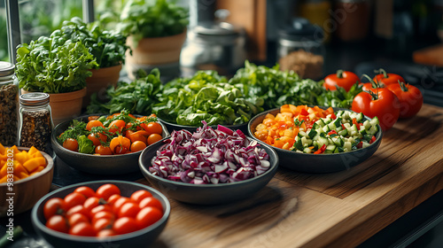 A modern kitchen flat lay with ingredients for a healthy salad, showcasing colorful vegetables 