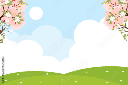 Spring landscape with cherry flower,tree on White cloud,blue sky background Vector illustration cartoon garden with green grass meadow on hills in park,Cute Easter banner of Nature with flower blossom