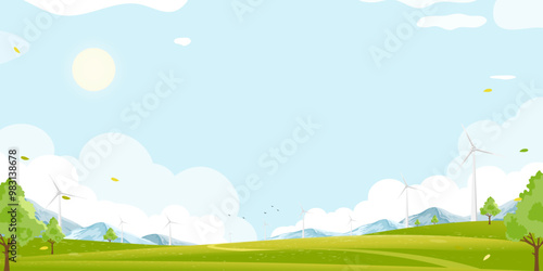 Environmental Background,Spring landscape green field with windmill on mountain,blue sky,cloud,Vector Rural with Solar panel wind turbines installed as renewable station energy sources for electricity