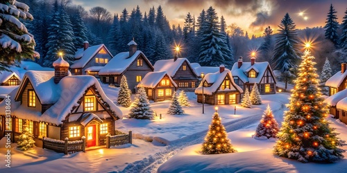  A cozy snowy village scene at dusk, with warmly lit cottages, decorated Christmas trees, and a peaceful winter landscape. A perfect holiday setting.