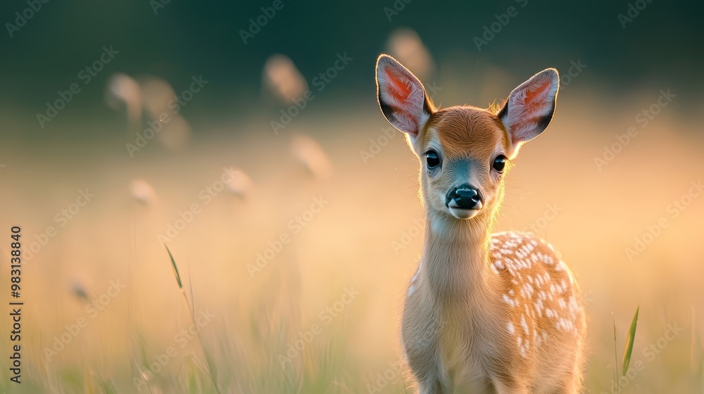 A tight shot of a small deer in a field, grass brushing the foreground, background softly blurred A tight shot of a small deer in a field, grass brushing the foreground, background softly blurred