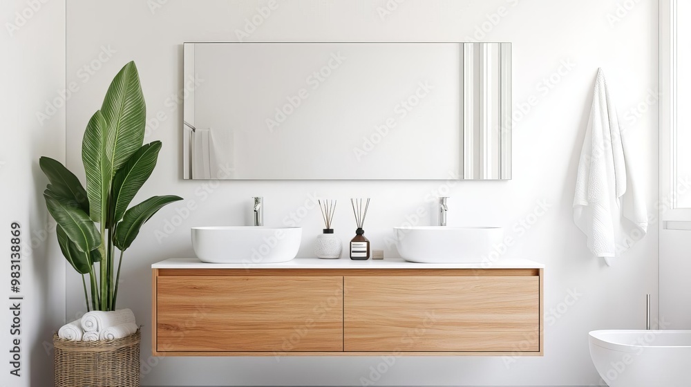 Fototapeta premium Minimalist bathroom with oversized mirror, white walls, and natural wood elements, minimalist bathroom, elegant simplicity
