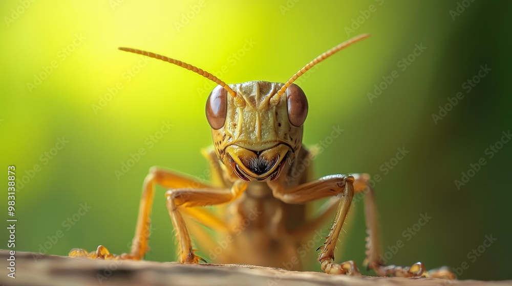 A crisp close-up of a grasshopper gazing into the camera, surrounded by a softly blurred foreground of fellow grasshoppers and grass A crisp close-up of a grasshopper gazing into the camera, surrounded by a softly blurred foreground of fellow grasshoppers and grass