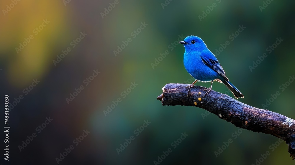 A small blue bird perches on a tree branch against a green and yellow blurred backdrop A small blue bird perches on a tree branch against a green and yellow blurred backdrop