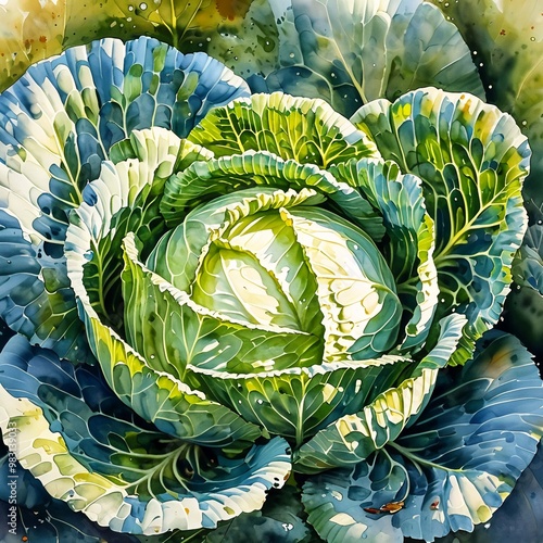 a large green cabbage on a rustic watercolor background