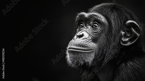  A serious-looking chimpanzee in a black-and-white photograph gazes into the camera