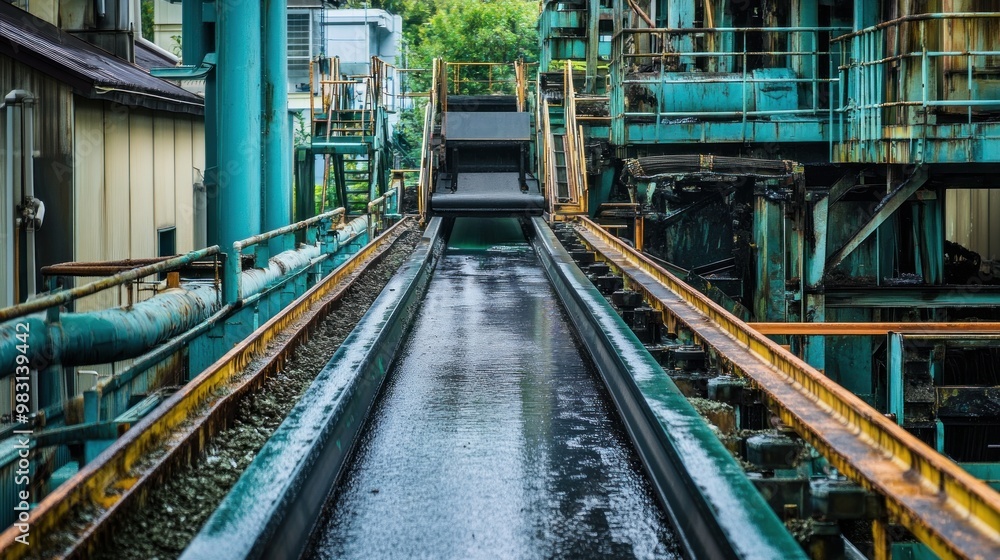 Industrial Conveyor Belt in a Wet and Rusty Factory Industrial Conveyor Belt in a Wet and Rusty Factory