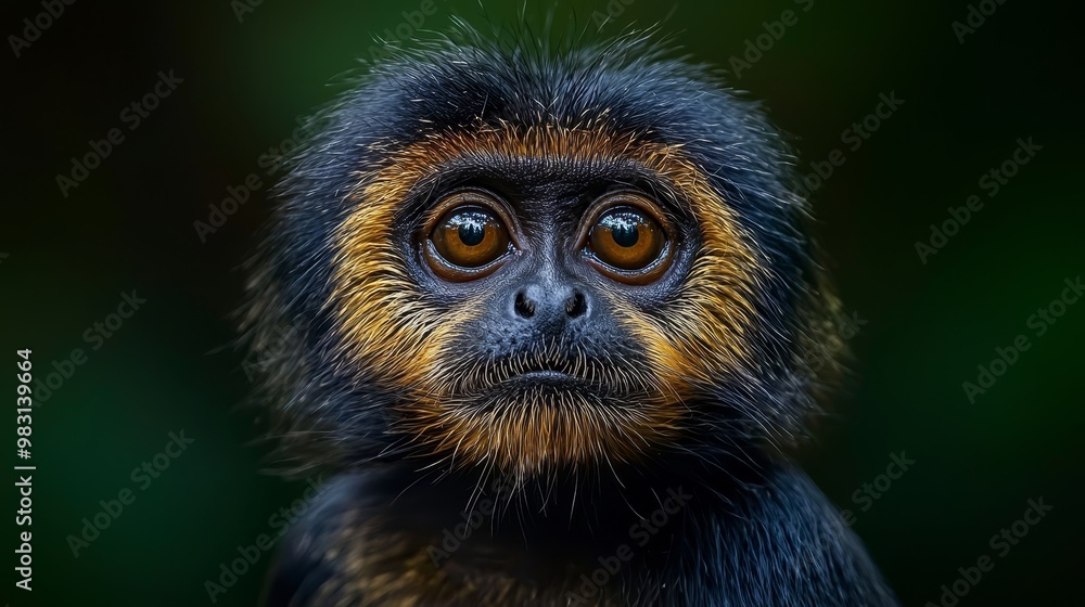 A tight shot of a monkey's intense face with a blurred background A tight shot of a monkey's intense face with a blurred background