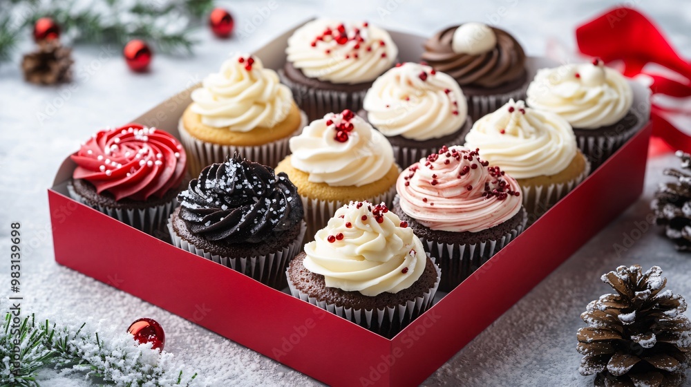 Assorted cupcakes in a holiday-themed gift box, isolated on a festive background with snowflakes Assorted cupcakes in a holiday-themed gift box, isolated on a festive background with snowflakes