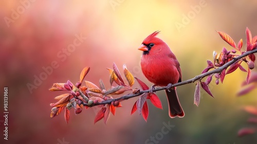  A red bird perches on a tree branch, adjacent to another with purplish-red leaves photo