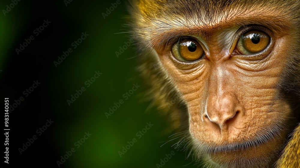 Obraz premium A monkey's face, in tight focus, expresses intense gaze Background subtly blurred