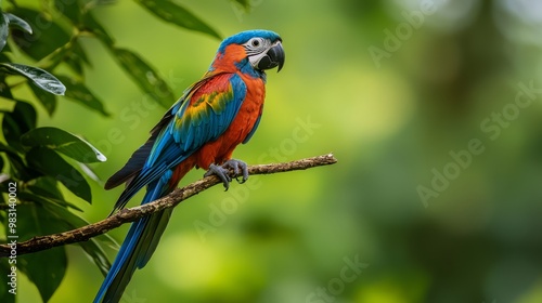  A vibrant parrot atop a distinct tree branch, nestled beside a lush, green counterpart, against a hazy backdrop